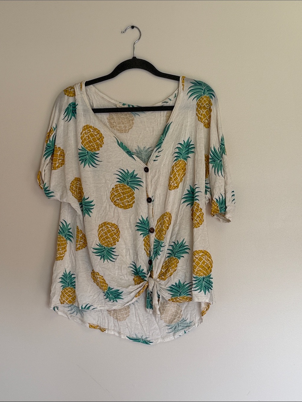Pineapple-Print Button-Front Tie Hem Women’s Shirt - White/Yellow